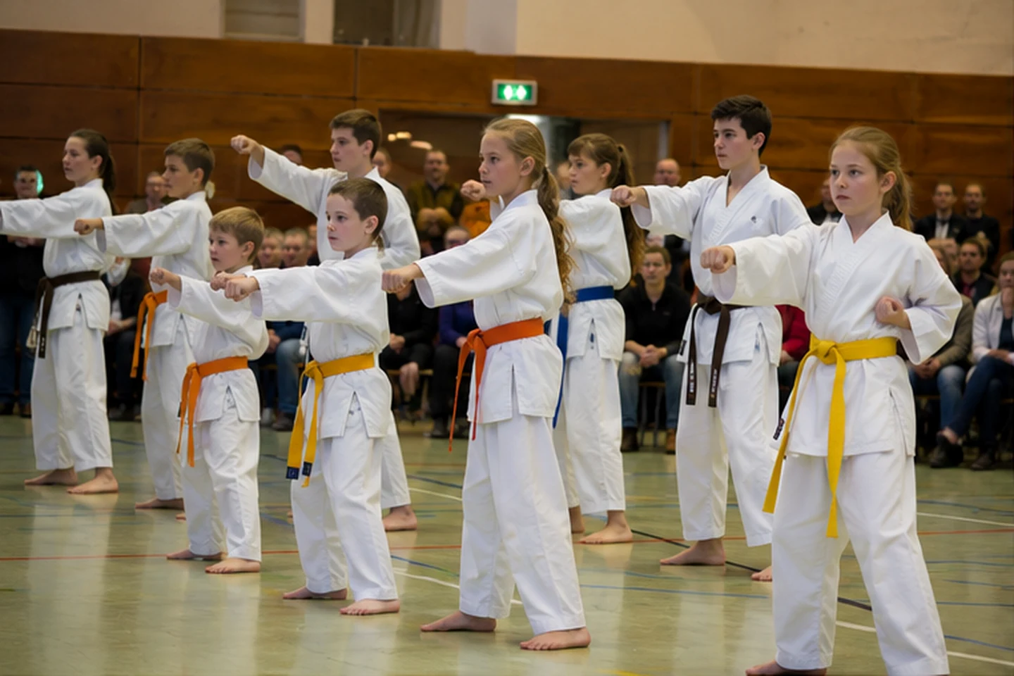Kinder und Jugendliche bei einer Karatevorführung in einer Sporthalle