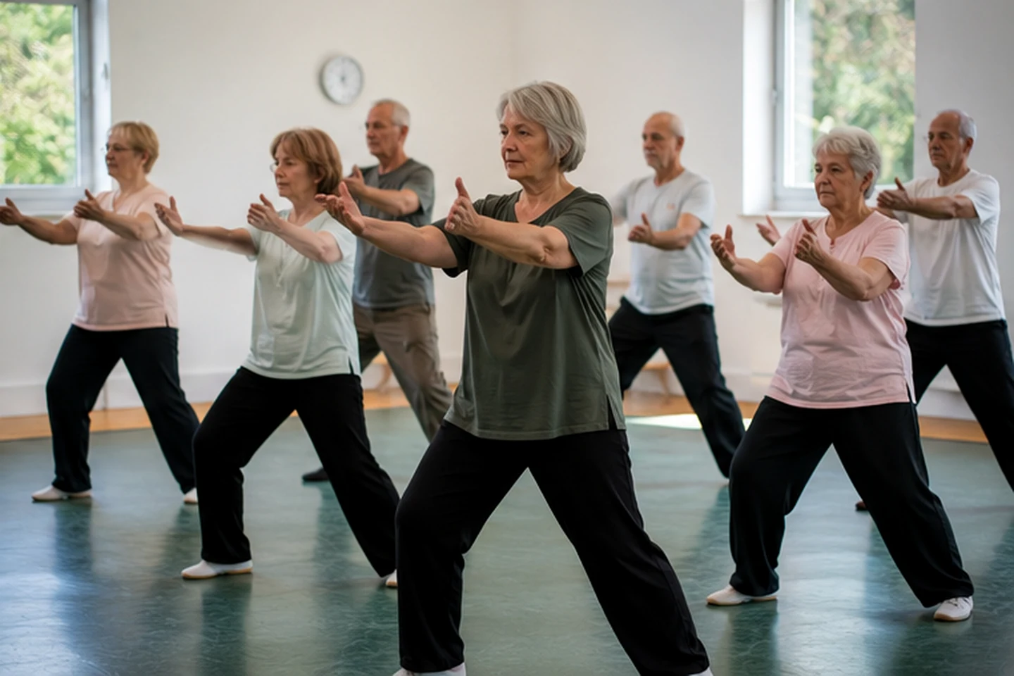 Gemischte Gruppe bei einer gemeinsamen Qi-Gong-Übung in einem hellen Trainingsraum