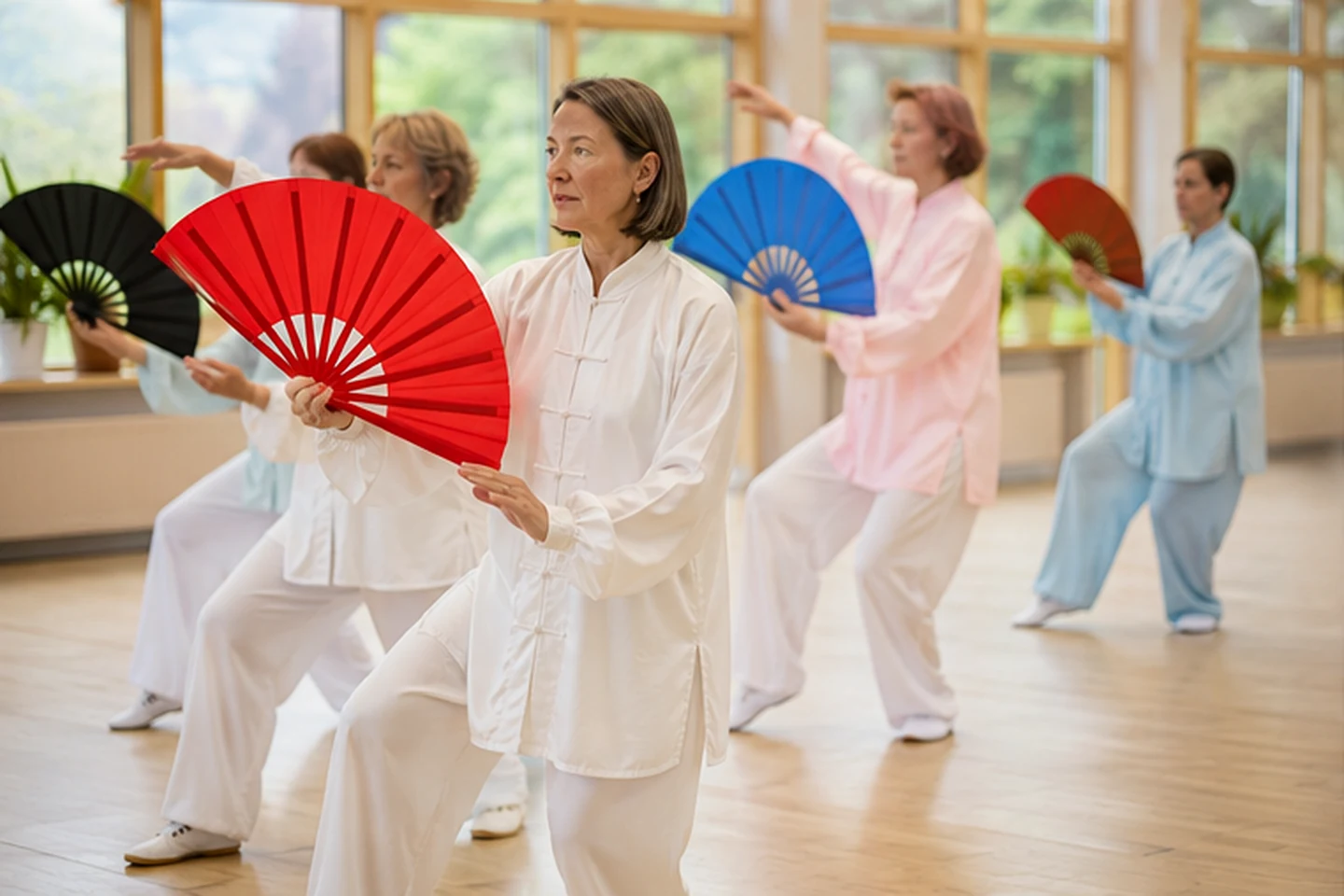 Tai-Chi-Gruppe bei einer gemeinsamen Übung mit Fächern in einem hellen Trainingsraum