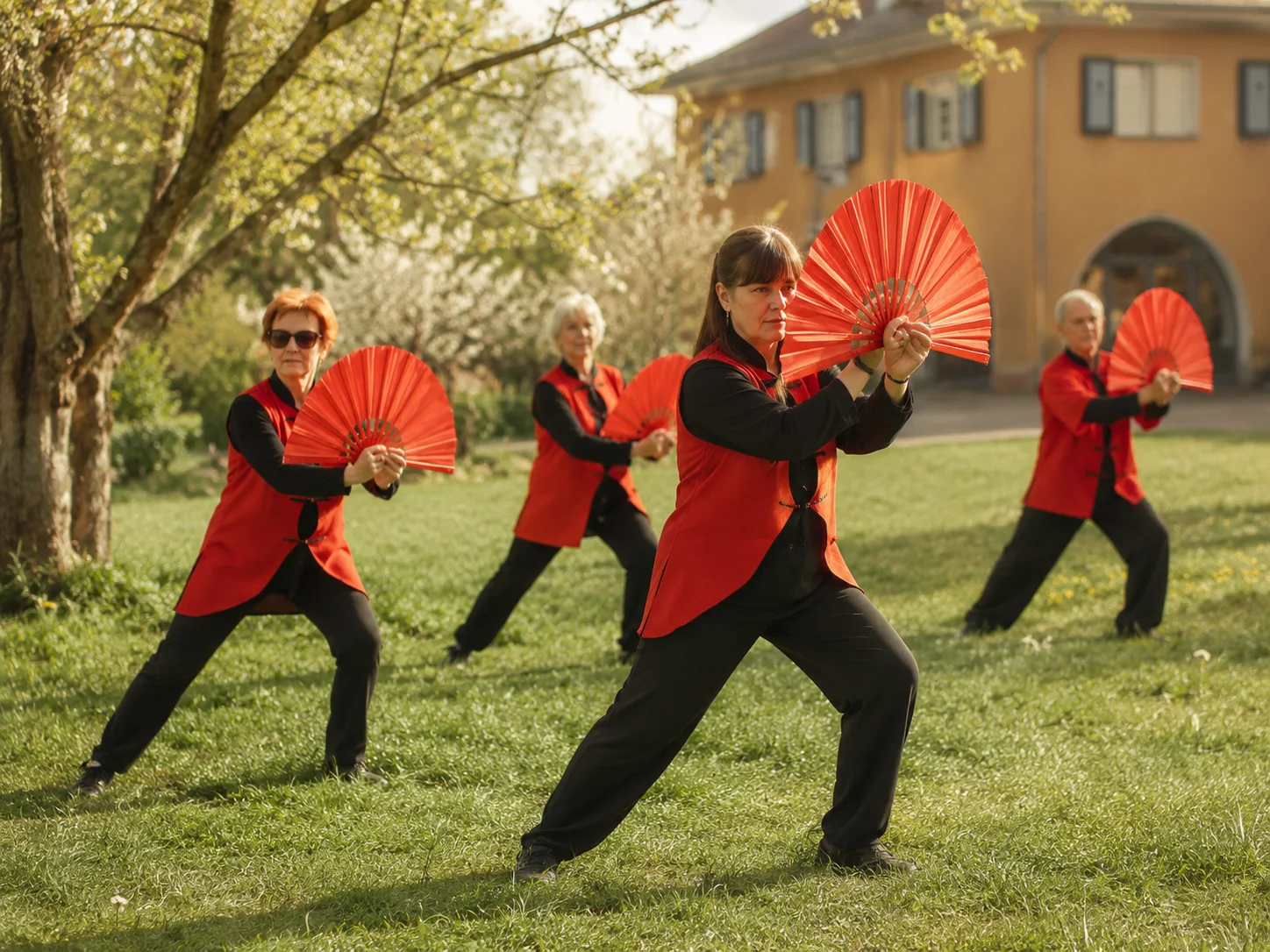 Tai-Chi-Gruppe mit roten Fächern auf einer Wiese