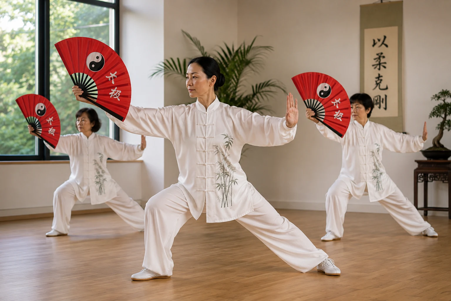 Drei Frauen üben gemeinsam eine Tai-Chi-Fächerform mit roten Fächern in einem hellen Trainingsraum